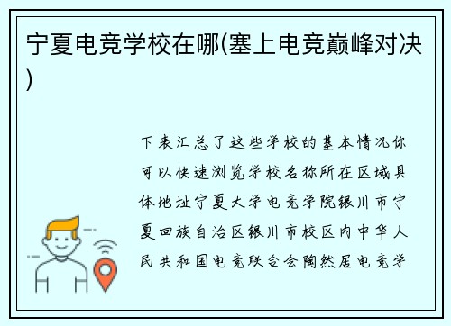 宁夏电竞学校在哪(塞上电竞巅峰对决)